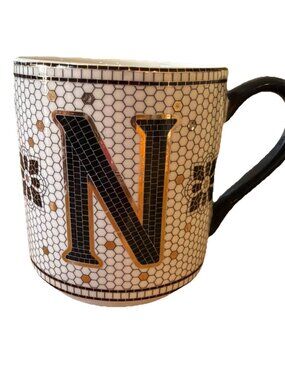 Anthropologie Gold Black Margot Mosaic Tile Letter N Initial Monogram Coffee Mug